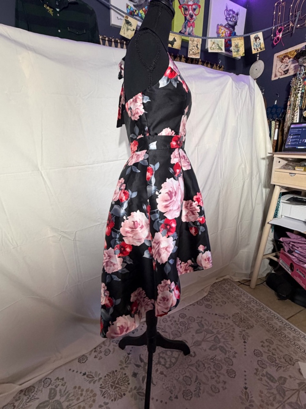 Trixxi Floral Halter Fit & Flare Dress Decorative Bow Back Black Pink Small - Picture 5 of 7